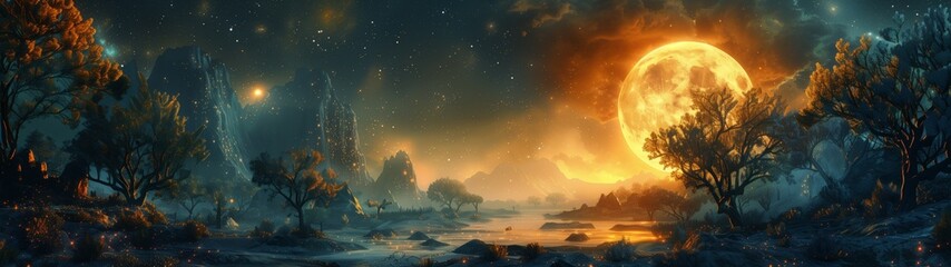 Surreal Cosmos- Bioluminescent Flora and Alien Landscapes on a Distant Planet, super ultrawide wallpaper