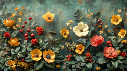 Lush Botanical Collage On A Teal Canvas With Warm Autumn Tones