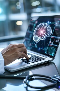 Abstract concept of medical technology with doctor using laptop and stethoscope, digital brain interface on screen for futuristic healthcare or telemedicine Stock photo contest winner in the style of