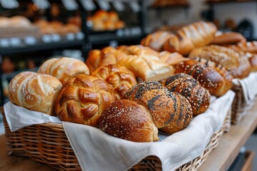 Freshly baked breads adorned with various seeds presented in a rustic breadbasket