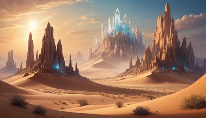 A fantasy landscape featuring a desert with a towering, crystalline city illuminated by the golden hues of sunrise.. AI Generation - obrazy, fototapety, plakaty