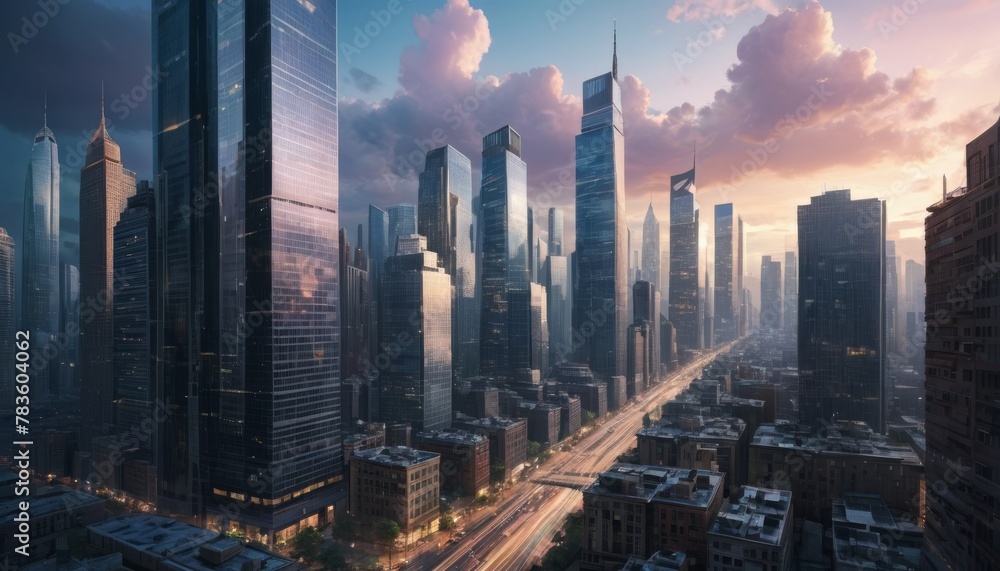 Poster sunlight pierces the cityscape, illuminating reflective skyscrapers and casting long shadows on the 