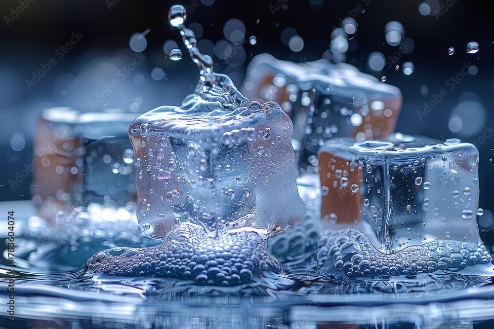 Poster a macro photograph capturing the dynamic moment ice cubes create splash in still water, making dropl