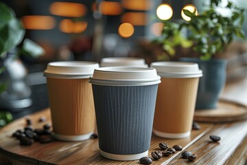Close-up shot of textured paper coffee cups with plastic lids, placed neatly on a wooden tray with coffee beans scattered around