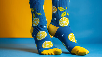 Blue socks with lemon graphics on them, yellow background, studio