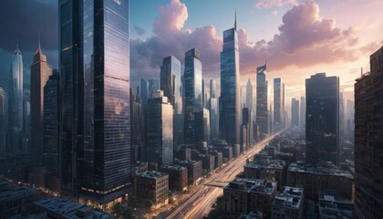 Sunlight pierces the cityscape, illuminating reflective skyscrapers and casting long shadows on the streets below, marking the break of day in a bustling metropolis.. AI Generation