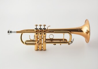 A side view of a polished golden brass trumpet against a clean white backdrop, symbolizing music and artistry.