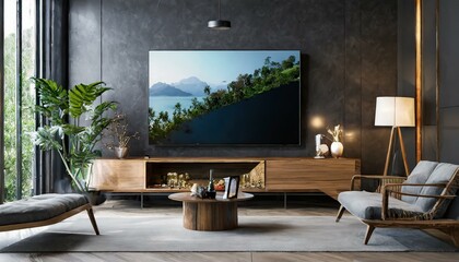 Contemporary Comfort: Wooden Wall-Mounted TV in a Chic Living Space with Dark Wall Decor"