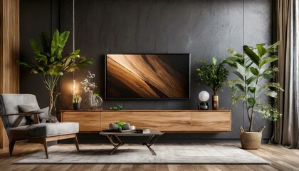 Contemporary Comfort: Wooden Wall-Mounted TV in a Chic Living Space with Dark Wall Decor"