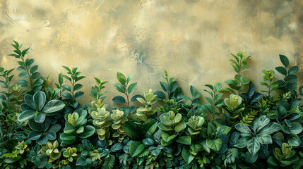 Classic Green Leaves Overlap Elegantly Against A Golden Hued Textured Canvas