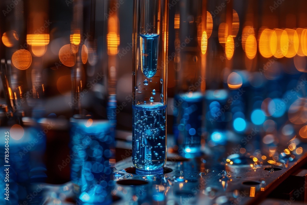 Poster an intriguing close-up of a science experiment with glowing blue liquid in a lab setting