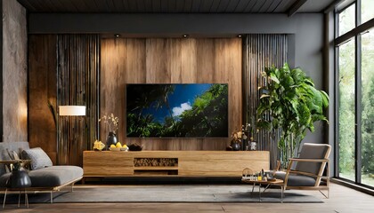 Fototapeta premium Contemporary Comfort: Wooden Wall-Mounted TV in a Chic Living Space with Dark Wall Decor