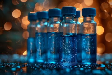 Detailed image of row of vials filled with blue liquid and bubbles glowing against blurred lights