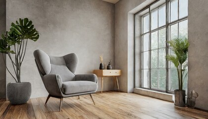 Fototapeta premium Modern Elegance: Gray Armchair Accentuates Wooden Flooring in Contemporary Living Space