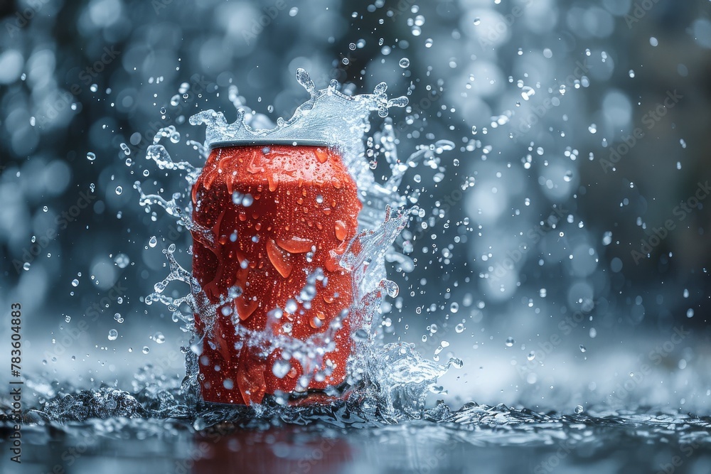 Poster a refreshing red soda can with dynamic water splashes and droplets around it, conveying the concept 
