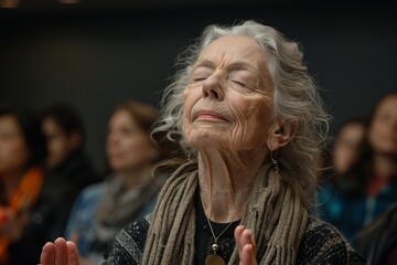 An elderly woman with grey hair, applauding during a conference or seminar, surrounded by blurred attendees - obrazy, fototapety, plakaty