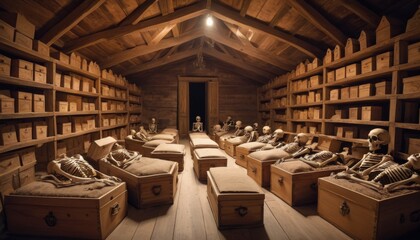 A haunting room filled with skeletons posed on vintage beds, evoking a macabre historical display in a rustic cabin setting with dim lighting.. AI Generation - obrazy, fototapety, plakaty