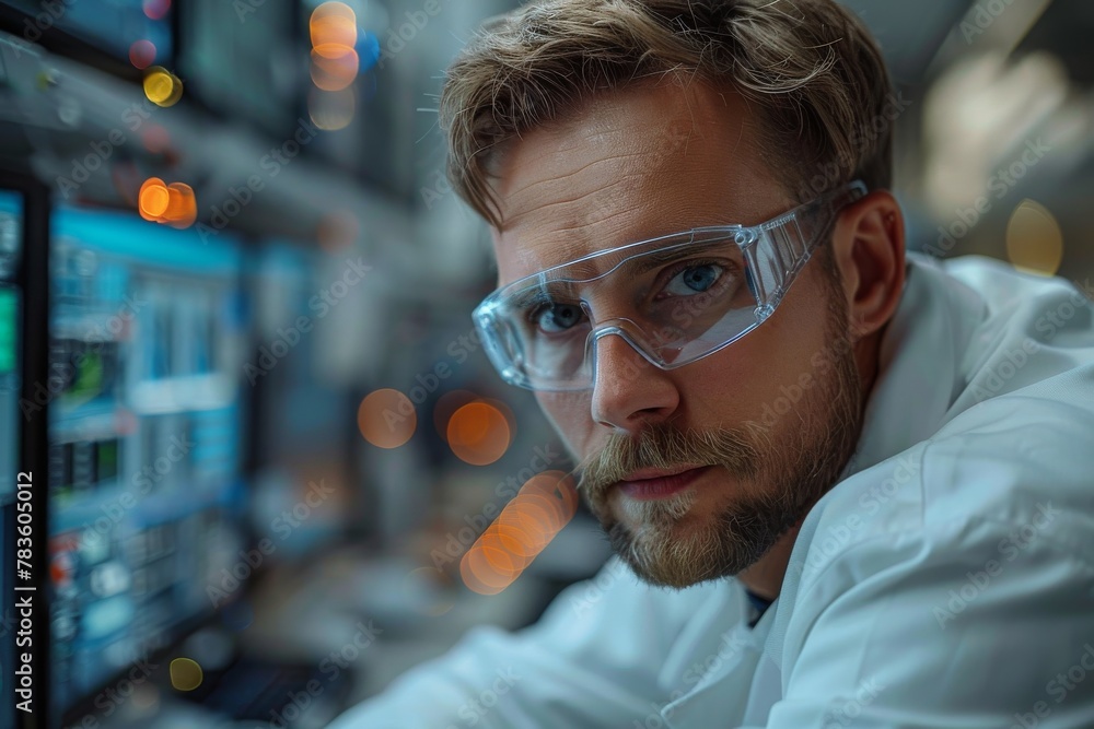 Poster a focused scientist with safety goggles analyzes data on a computer screen in a laboratory