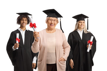Graduation students and a mature woman holding certificates isolated on white background