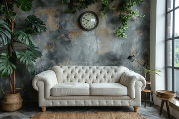 A chic, tufted sofa set against an industrial styled wall with hanging plants and a minimalist decor