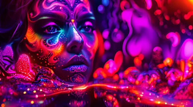 Trippy backlight art. Psychedelic illustration, in the style of woman face, luminous abstract elements, vibrant color. Optical illusion
