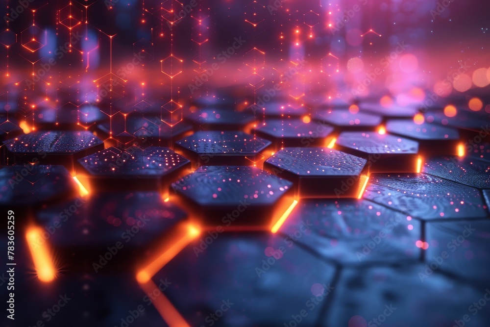 Poster a vibrant 3d render of a futuristic hexagonal network glowing with neon lights symbolizing connectiv