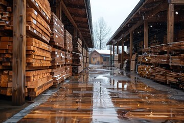 Puddles reflect the cloudy sky in a wet lumber yard after rainfall, emphasizing the textures and patterns