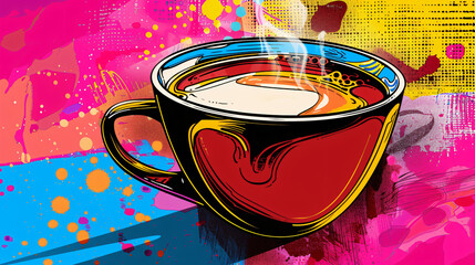 Steaming cup of coffee pop art