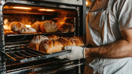 A baker pulling out a tray of freshly baked