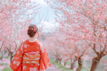 Beautiful Female wearing traditional Japanese kimono with cherry blossom in spring