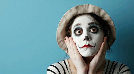 Portrait of traped female mime artist , on pastel blue background