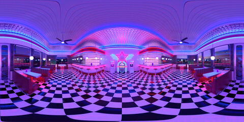HDRI. Neon retro diner interior. Full spherical panorama 360 degrees. 3D render illustration. - obrazy, fototapety, plakaty