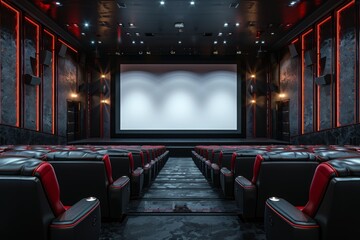 An image of an empty cinema hall with plush red seats and a large blank screen, walls with patterned design