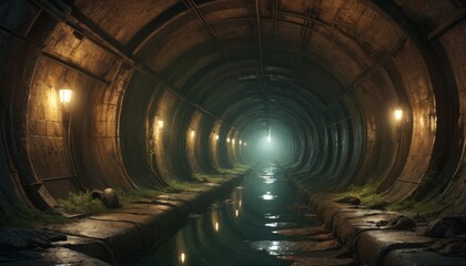 An underground tunnel illuminated by lights, reflecting on the water's surface, creating an aura of...