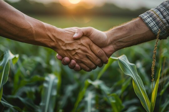 Two farmers solidify a deal with a handshake amidst lush green crops, conveying trust and successful negotiation