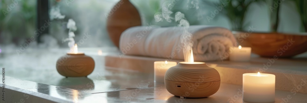 Poster calming essential oil diffusers and candles creating a serene spa like ambiance for relaxation and w