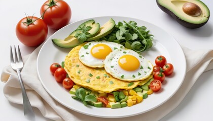 A delicious omelet with sunny side up eggs, avocado, and tomatoes, served on a white plate for a perfect breakfast shot. AI Generation