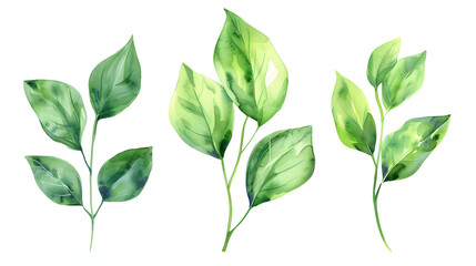 Isolated green leaves on a white background, a botanical watercolor illustration with fresh and vibrant elements.
