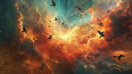 Obraz na płótnie Canvas Epic Birds Flying Through Fiery Cloudscape