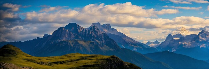 panorama of the mountains, mountain peaks reaching into the sky