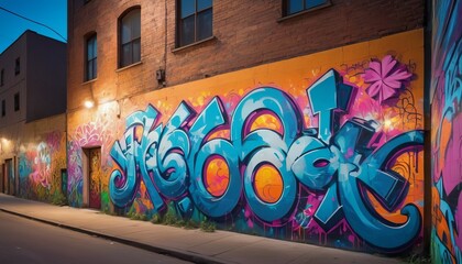 A captivating urban graffiti art piece, featuring vibrant blues and oranges, sprayed on a brick...