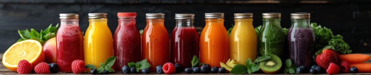 A variety of fruit and vegetable juices in glass bottles on a wooden table with fresh fruit and vegetables next to them.