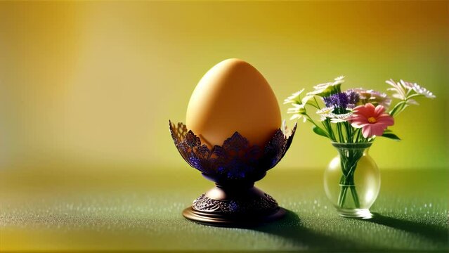 A solitary egg on an ornate lace holder against a vibrant yellow backdrop, paired with fresh flowers.