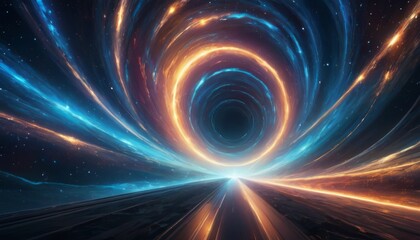 Digital art depicting a vibrant cosmic vortex with swirling star trails against the dark vastness of space. AI Generation