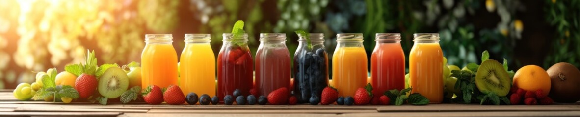 A variety of fruit juices in glass bottles on a wooden table with fresh fruits and berries in front of a blurred background of greenery and sunlight.