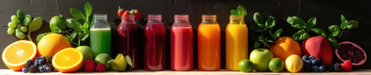 A variety of fruit juices in glass bottles on a wooden table with fruit and leaves in the background