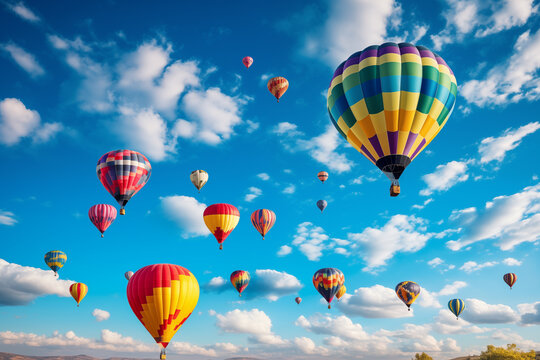 A colorful hot air balloon festival against a blue sky