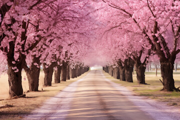 A peaceful country road lined with blooming cherry blossoms - Powered by Adobe