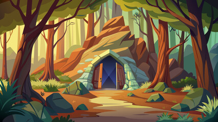 entrance-to-a-cave-in-the-middle-of-a-forest-vector illustration