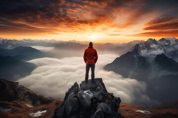 A lone hiker admiring a panoramic view from a mountain peak 
